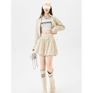 设计感咖色PU皮裙裤女2026春季新款高腰显瘦系带梨形花苞半身裙潮