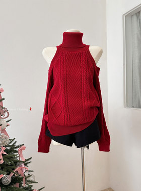 高领露肩新年氛围感红色毛衣女秋冬宽松绝美巨好看长袖针织衫上衣