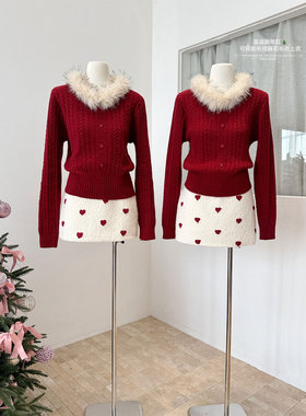氛围感可拆卸毛领针织衫女冬季显瘦短款新年红色麻花毛衣打底上衣