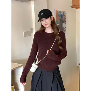 咖色韩系温柔风宽松慵懒软糯针织衫上衣女秋冬气质内搭毛衣打底衫