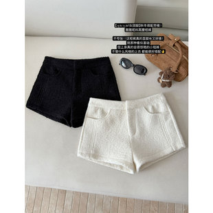 女团腿圈圈毛呢料高腰短裤冬加厚超好看小个子裤子白色阔腿休闲裤