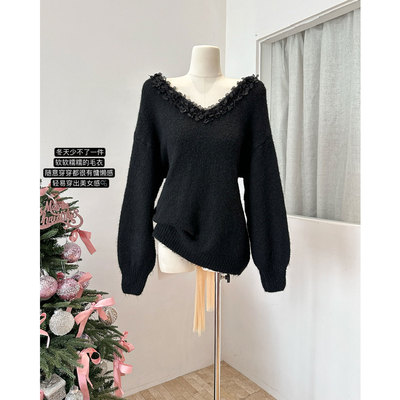 【现货秒发】V领花边黑色毛衣