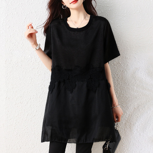 中长款 实拍2026夏季 上衣女休闲大码 开叉拼接短袖 显瘦遮肉T恤 新款