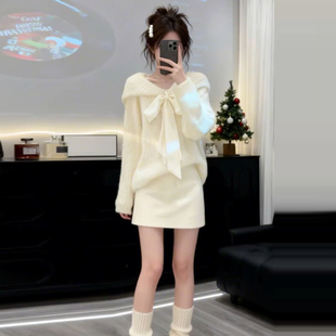 韩系巨好看穿搭一整套2026新款 白色毛衣针织连衣裙女秋冬短裙套装