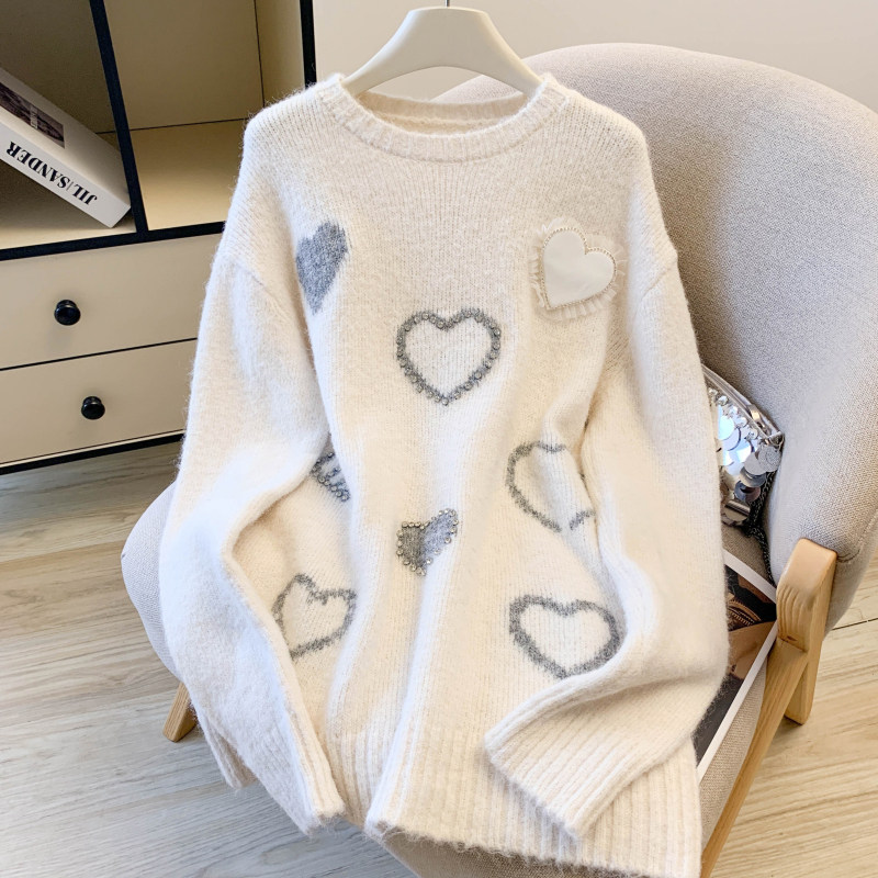 重工爱心烫钻毛衣女秋冬2025新款温柔小香风减龄设计感宽松针织衫