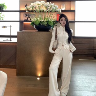 实拍实价春立领运动小香风显瘦上衣女外套长裤 套装