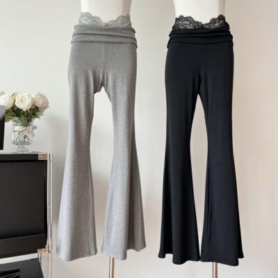 kubiliv芭蕾美学蕾丝拼接高腰修身显瘦喇叭裤垂感微喇休闲裤