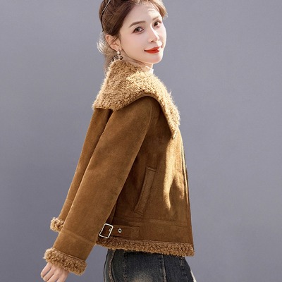 皮毛一体羊羔毛短外套女冬2025新款高端洋气加厚鹿皮绒机车服上衣