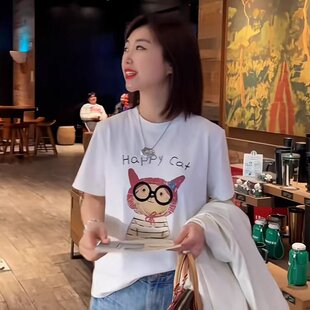 韩版 实价纯棉40支220克 92%棉8%氨纶 夏季 T恤女辣妹印花 正肩短袖