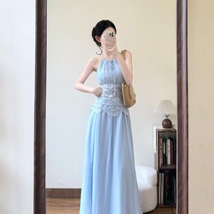 长裙 海边度假绝美气质收腰无袖 法式 温柔风蓝色挂脖连衣裙子女夏季