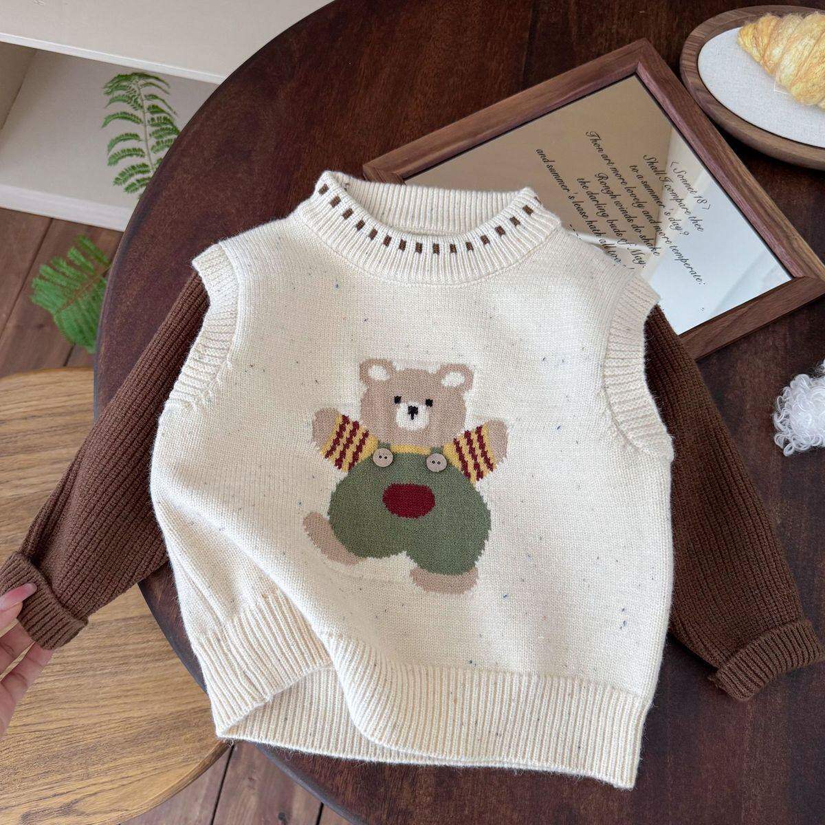 儿童假两件毛衣圆领套头衫冬季男童小熊加绒加厚毛线衣宝宝针织衫