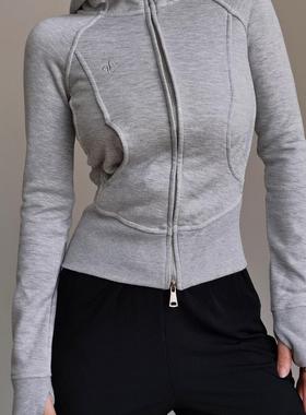 秋冬加绒厚实时髦修身连帽拼接显瘦卫衣女复古双拉链健身小外套