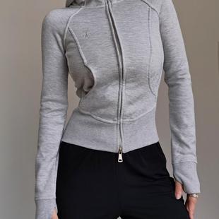 秋冬加绒厚实时髦修身连帽拼接显瘦卫衣女复古双拉链健身小外套