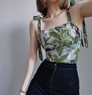 法式 复古花鸟绿印花系带打底性感侧开叉收腰显瘦吊带茶歇背心上衣