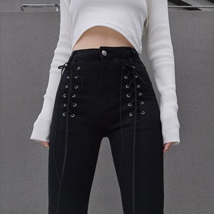 女 弹力交叉绑带牛仔长裤 走路带风藏肉 欧美风高腰包臀显瘦修身