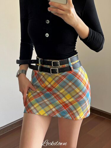 格子半身裙学院风双腰带美式复古