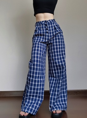 赵露思同款格子宽松休闲阔腿裤高腰休闲裤女长裤子拖地遛弯裤