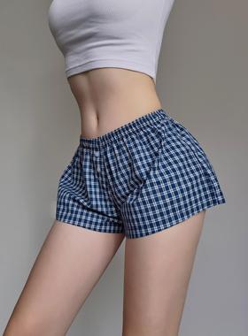 推荐BM感美式纯棉蓝色格子阔腿短裤女海边松紧腰纽扣休闲居家热裤