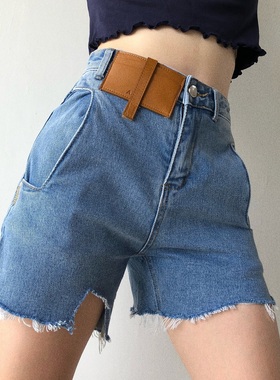 网红自留的裤子蓝色2025夏季新品时尚不规则割破包臀显瘦直筒短裤