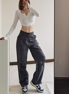 欧美风辣妹低腰多口袋灰色工装裤女夏宽松休闲显瘦直筒阔腿束脚裤