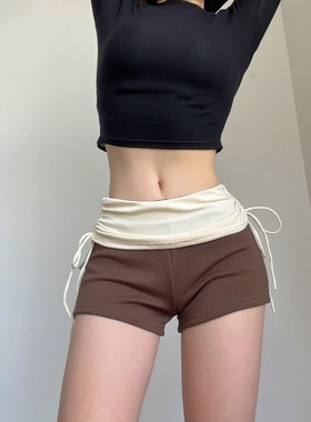 纯欲芭蕾风瑜伽抽绳短裤休闲包边撞色腰头系带小众运动显瘦健身裤