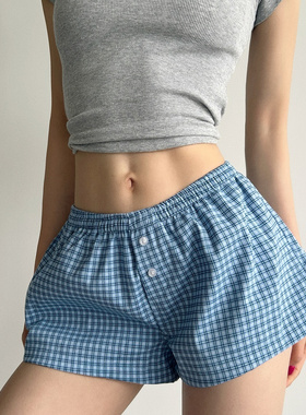 美式BM感纯棉蓝色格子阔腿短裤女海边松紧腰纽扣低腰休闲居家热裤