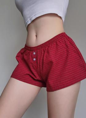 大爱BM感美式红色格子阔腿短裤女夏季海边松紧腰纽扣休闲居家热裤