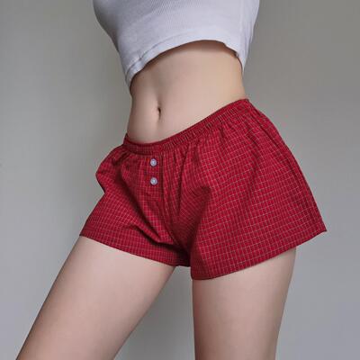 大爱BM感美式红色格子阔腿短裤女夏季海边松紧腰纽扣休闲居家热裤