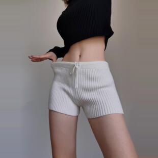 显瘦弹力热裤 辣妹家居服睡裤 美式 辣妹纯欲风低腰针织坑条包臀短裤