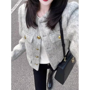 灰色小香风毛呢外套女秋冬季2025新款法式高级感气质名媛短款上衣