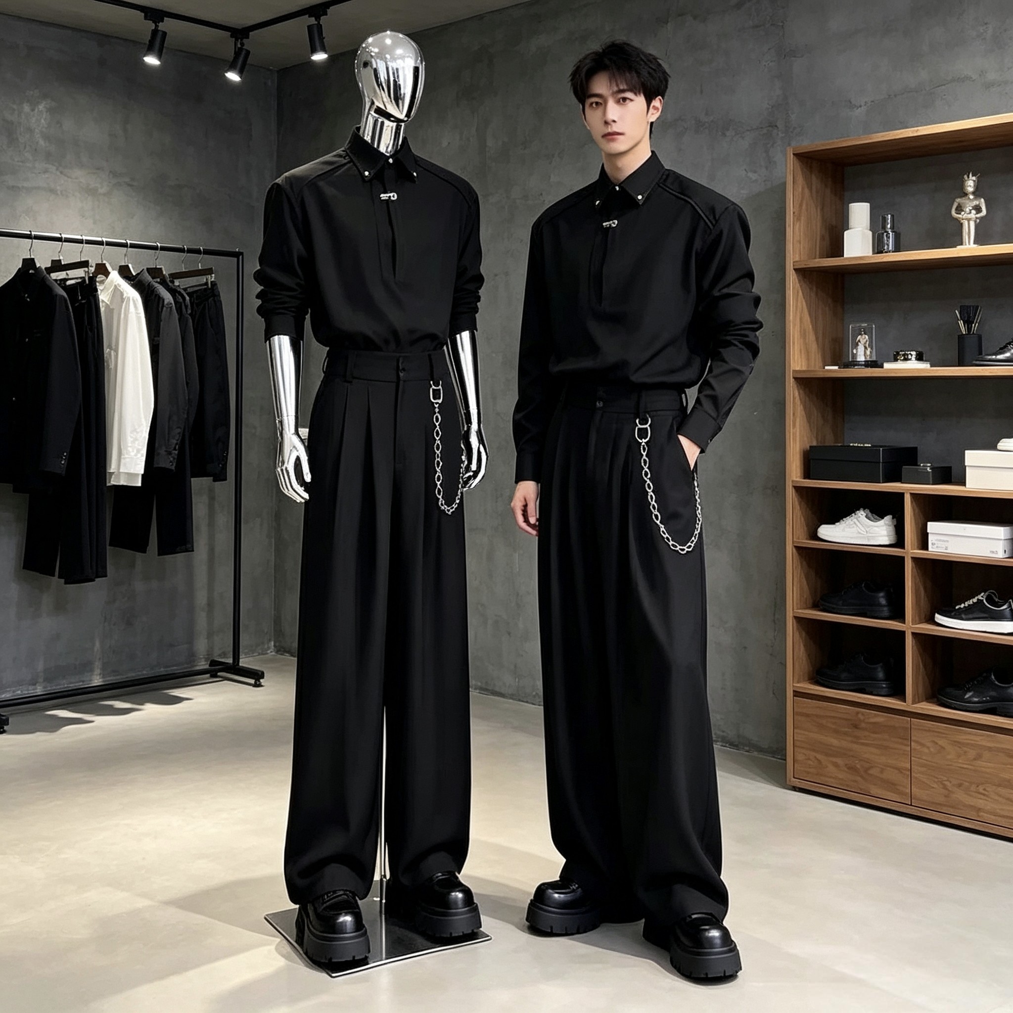 黑色金属链条男士西裤套装