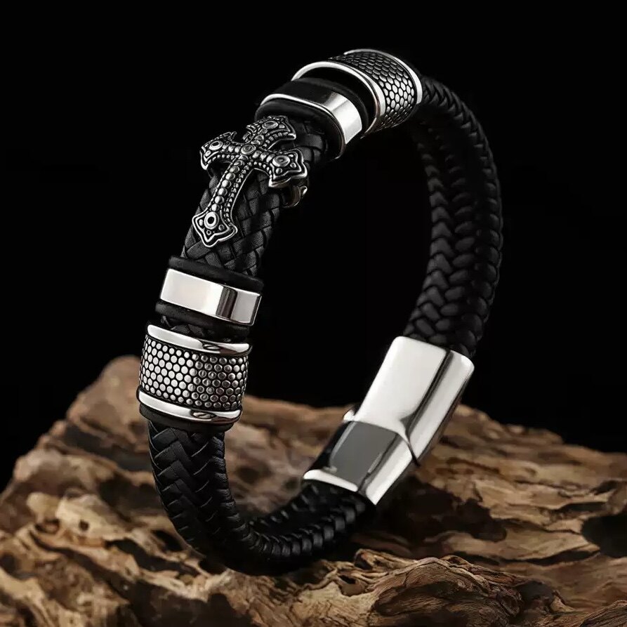 DARK ELEMENT潮牌十字架皮革编织钛钢手环磁吸扣男士皮绳情侣手镯