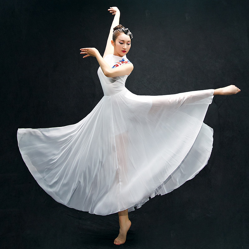 古典舞蹈绣花演出服装女飘逸中国风仙女现代伴舞圆领开叉长裙成人