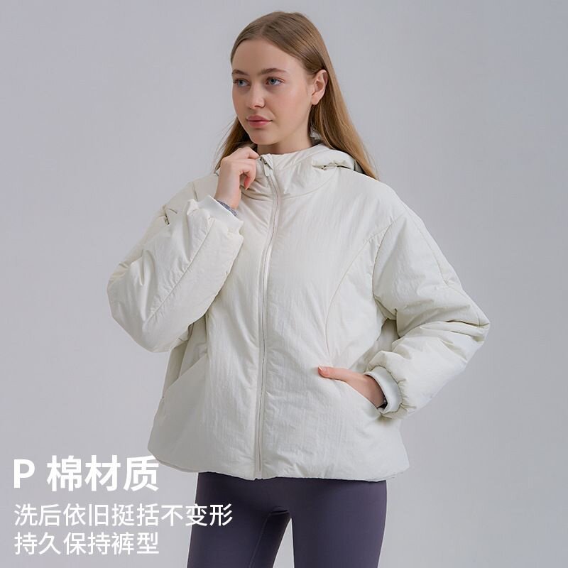 lulu外套冬天棉服女士连帽宽松短款保暖棉袄新款拉链防风上衣