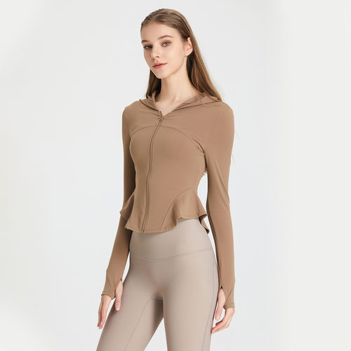 速干裸感拉链连帽衫瑜伽服长袖外套修身显瘦紧身运动速干健身上衣