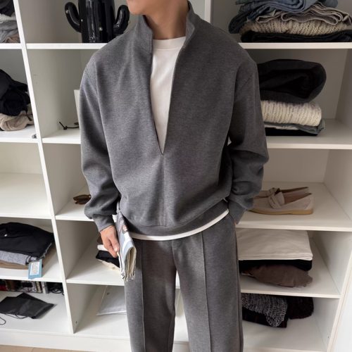 ZHUOLINZHANG极简深V领卫衣套装高智感休闲时尚两件套重磅假两件