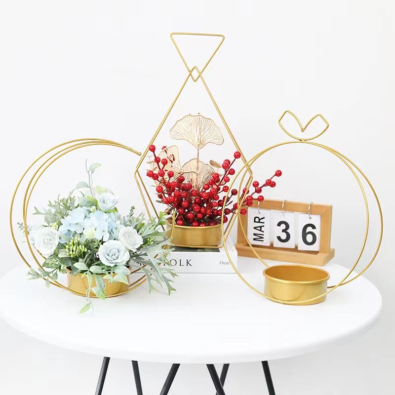 金色铁艺插花架手提花篮婚庆节日插花篮年宵花盆创意几何铁艺花器