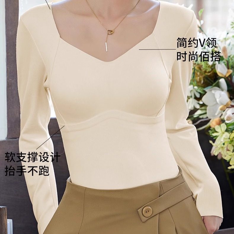 带胸垫保暖内衣女加绒加厚冬季秋衣套装打底衫免穿文胸低领上衣