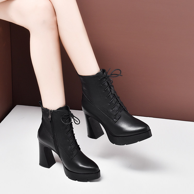 系带马丁靴女英伦风2025新款真皮短靴秋冬季尖头粗跟防水台高跟鞋,女鞋,时装靴,淘宝优惠券,粉丝福利购,淘宝优惠卷