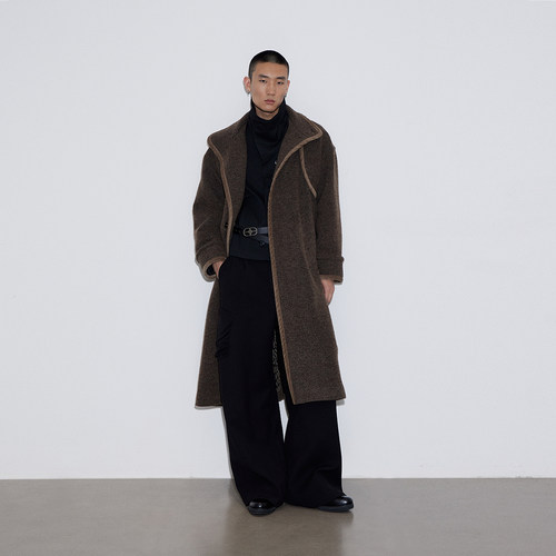 SoleMass WoolCoat复古棕色羊毛大衣 肌理脊骨立领长款外套男女冬