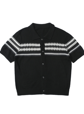 SoleMass Jacquard wool 费尔岛提花翻领宽松羊毛开衫纽扣短袖