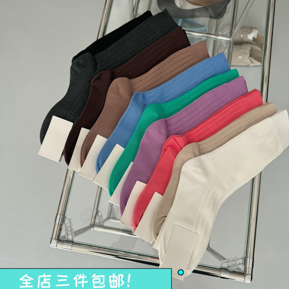 现货韩国东大门代购 reBORN 糖果色高品质棉袜女坑条百搭螺纹中筒