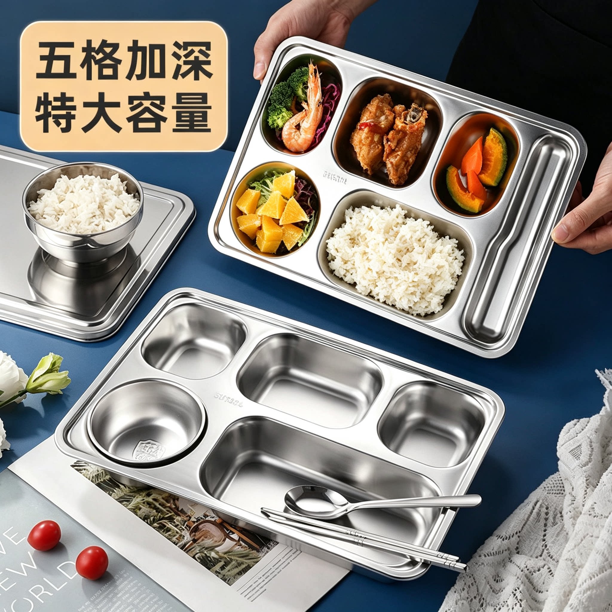 不锈钢餐盘分格快餐盘食堂饭盘