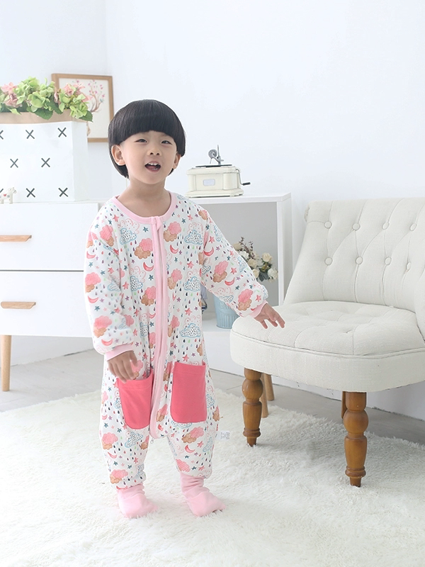 儿童防踢被秋冬纯棉加厚保暖女宝包脚分腿睡袋如厕连体睡衣家居服