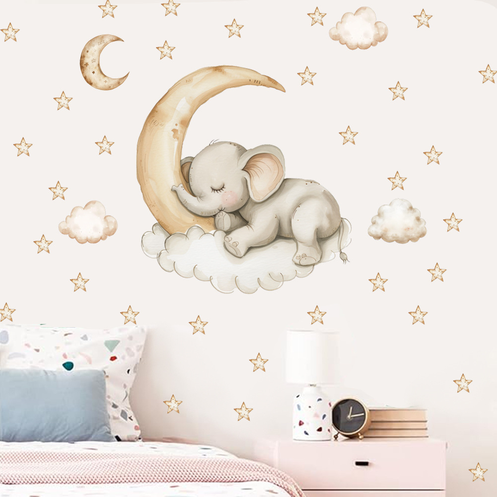 云朵上的小象星星月亮云朵墙贴纸儿童房间卧室幼儿园装饰墙纸自粘图片