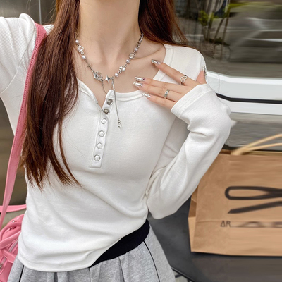 韩版春季新款圆领修身显瘦打底衫内搭螺纹纽扣短款白色上衣