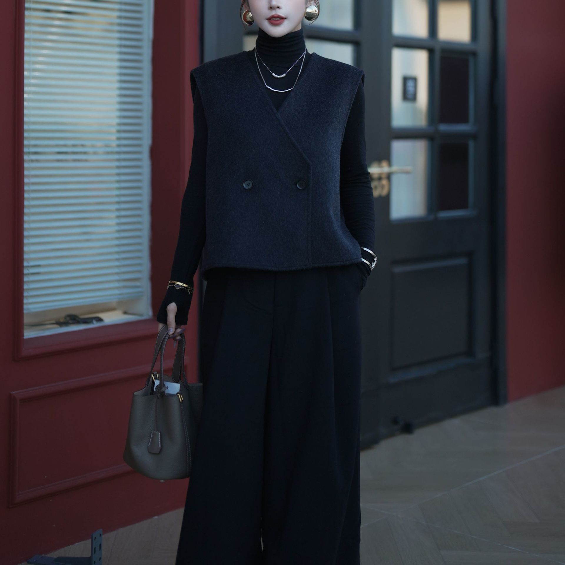 秋冬双面绵羊毛上衣背心小马甲领