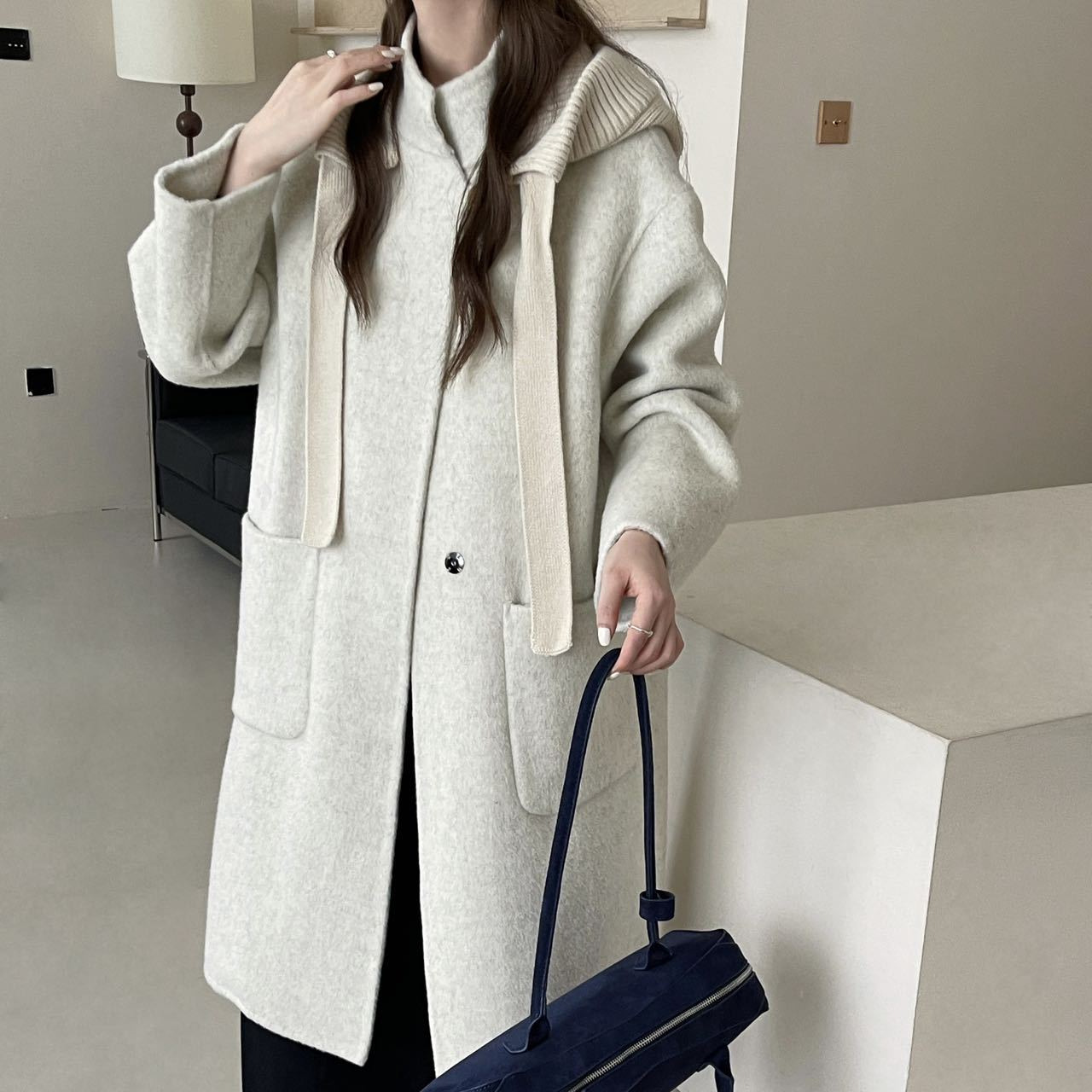 双色针织帽可脱卸立领双排扣加长款双面尼羊毛大衣女毛呢外套秋冬