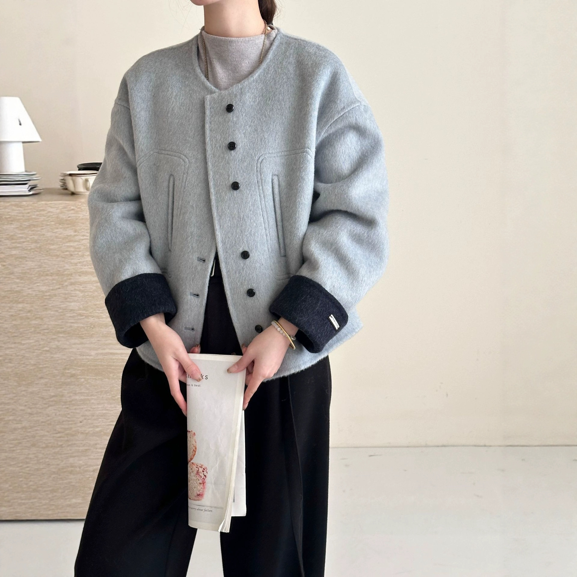 Rynthem圆领单排扣撞毛呢外套