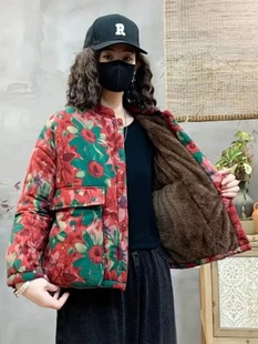 冬季新款复古棉衣女士花色加绒加厚宽松时尚大码显瘦休闲棉服外套